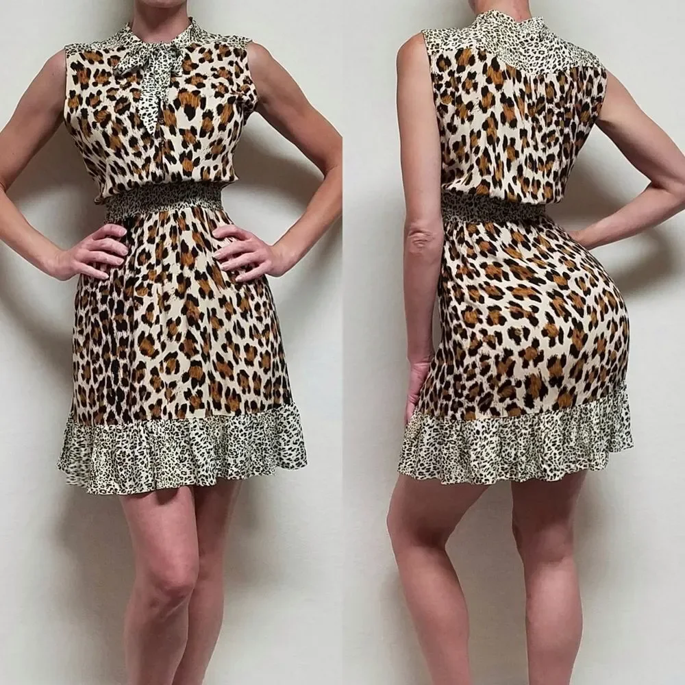 LEOPARD Cheetah Print Tie-Neck Smocked Waist Sleeveless A-line Mini Dress Large